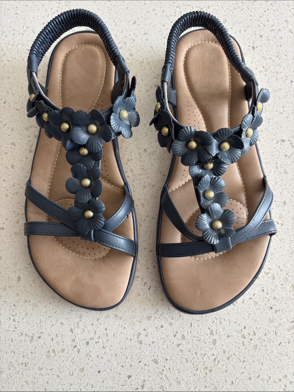 Women''s Navy Blue Floral T-Strap Sandals